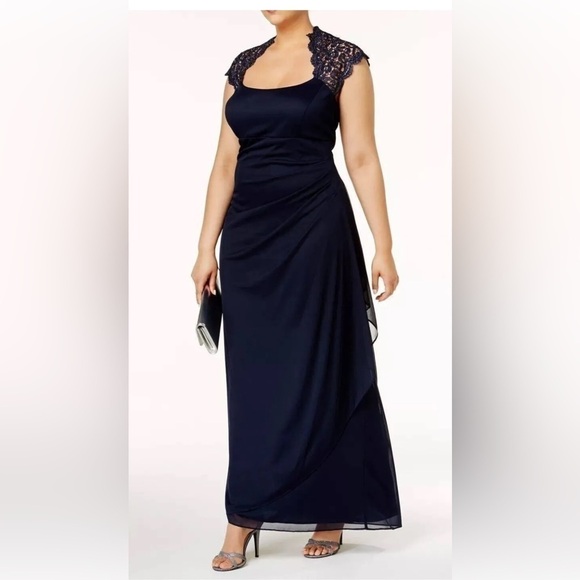 X by Xscape Stand-collar Illusion Back Gown Evening Women 14 Navy Built in Bra - Picture 6 of 12